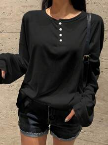 DAZY Women's Spring/Summer Loose Fit Button Half-Placket Drop Shoulder Long Sleeve Solid Color T-Shirt,Fall Clothes Preppy Tops - Black - View 3
