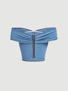 SHEIN MOD Women's Vintage Blue Denim Top, Retro Sweetheart Off Shoulder Design With Bow Tie - Light Wash - View 2