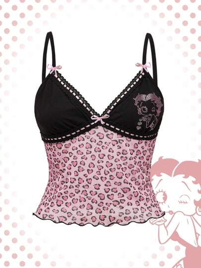 Betty Boop | ROMWE Plus Size Cartoon Character Rhinestone Embellished Heart Leopard Print Color Block Camisole Top For Summer