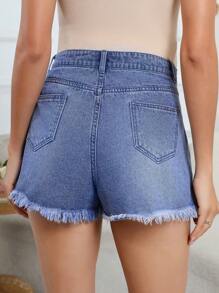 SHEIN Maternity Vacation Casual Contrast Color Frayed Denim Shorts - Medium Wash - View 2