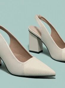 Women's Pointed Toe High Heel Pumps With Back Strap - Beige - View 7