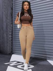 SHEIN SXY 女款純色簡約日常休閒修身牛仔褲 - 卡其色 - 查看 1