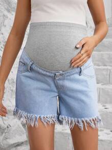 SHEIN Maternity Denim Shorts With Casual Design, Frayed Hem, Knitted Panel And Adjustable Waist - Multicolor - View 5