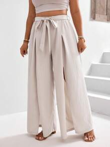 SHEIN Frenchy 夏季度假大码高腰系带裤 - 杏色 - 查看 5