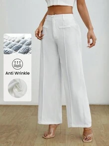 SHEIN PETITE Quần Ống Rộng Nữ Màu Trơn Cạp Cao, Chất Liệu Vải Chống Nhăn - trắng - Xem 7