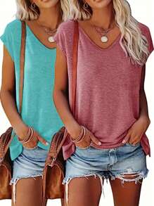 INAWLY Women's Short Sleeve V-Neck Solid Color Casual T-Shirt, Summer - Multicolor - View 1