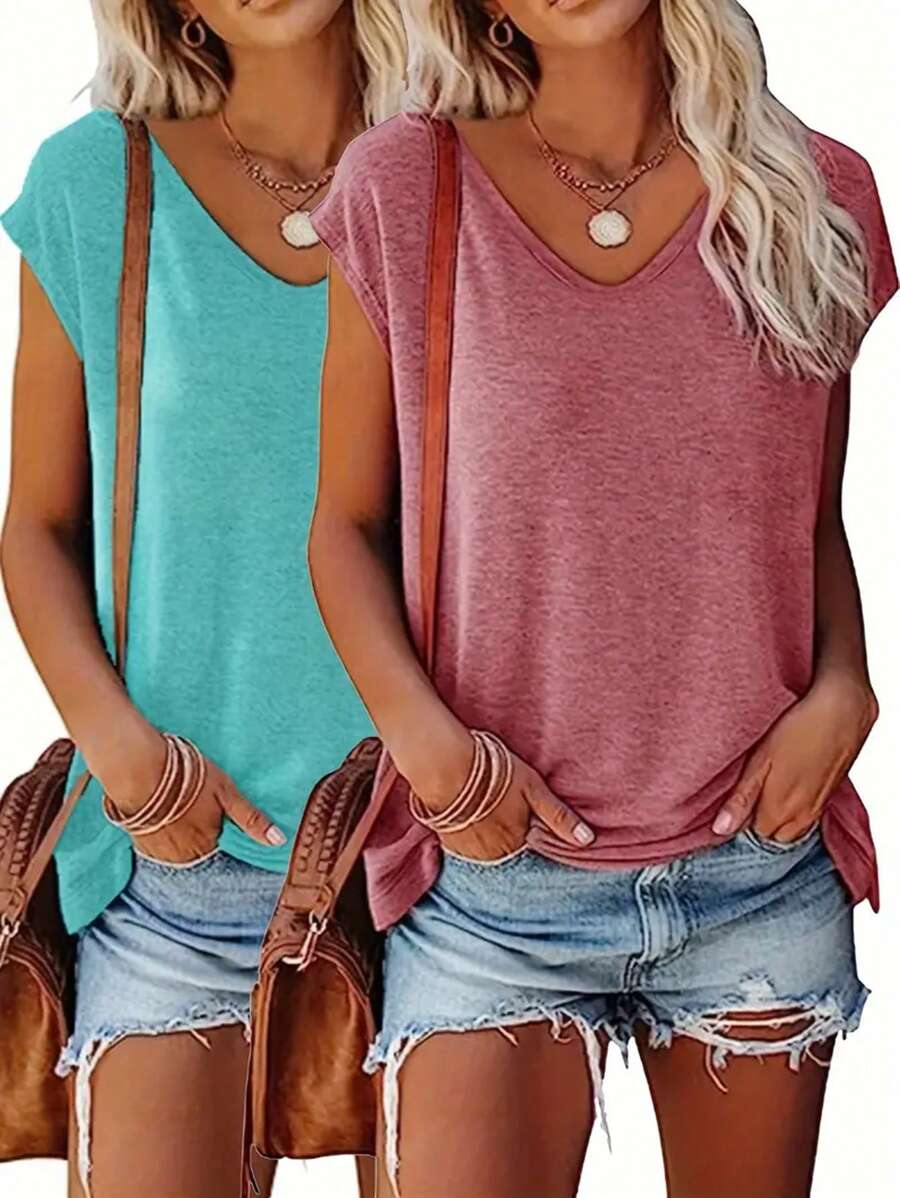 INAWLY Women's Short Sleeve V-Neck Solid Color Casual T-Shirt, Summer - Multicolor - View 1