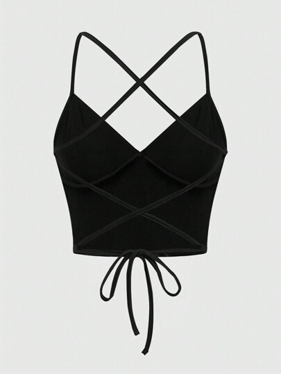 Grunge Punk Sexy Solid Color Backless Cross Strappy V-Neck Crop Tight Camisole Top For Layering, School
