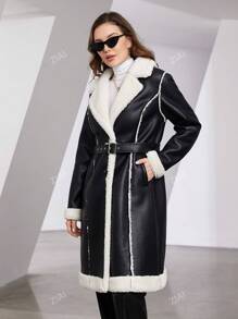ZIAI Chaqueta de piel con cuello mullido, con cinturón, bolsillos y de moda para el otoño/invierno