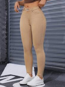 SHEIN SXY 女款純色簡約日常休閒修身牛仔褲 - 卡其色 - 查看 6