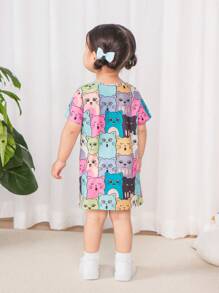 SHEIN Leuke gebreide cartoonpatroon patchwork losse jurk met korte mouwen voor babymeisjes, zomer