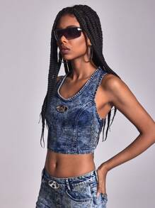 Metallic Embellished Denim Washed Sleeveless Camisole Top - Medium Wash - View 1