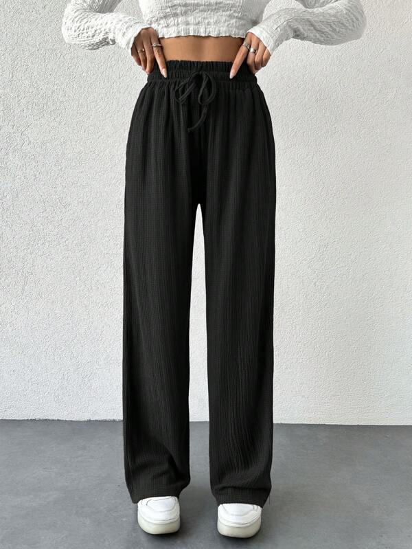 Damen Elastischer Bund Kordelzug H-Form weite Beine Lässig Hose, Damen Frühling/Herbst Lässig Kordelzug Natürliche gerade Beine lange schwarze locker sitzende Damen Hose, Lässiger Alltags Trage