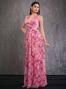 MgacyV-Neck Cross-Over Activity Folded Multi-Layer Cake Printed Swing Dress,Bridesmaid Dress - Pink - View 3