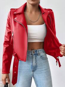 SHEIN Ladies Lapel Zip Cardigan Jacket - Red - View 5