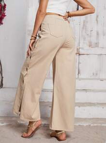 SHEIN LUNE Jeans casuales de uso diario a juego con botones de unicolor y aberturas - Beis - Ver 6