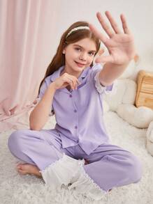 SHEIN 少女優雅簡約領子睡衣套裝，配有蕾絲飾邊，袖子和下擺，可與兄弟姊妹裝配對，分售（2套） - 淡紫色 - 查看 4