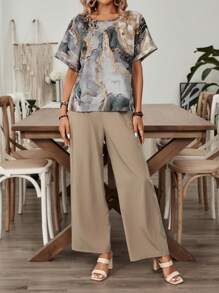 EMERY ROSE Women's Summer Casual Printed Round Neck Short Sleeve T-Shirt And Solid Color Pants Set - Multicolor - View 6