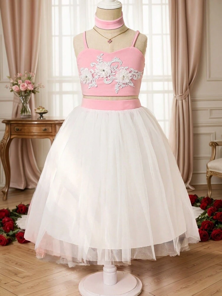 Young Girl Handmade Beaded Heart & Flower Applique Tank Top With Removable Collar, Princess Dress Set For Birthday, Wedding, Festival, And Other Occasions