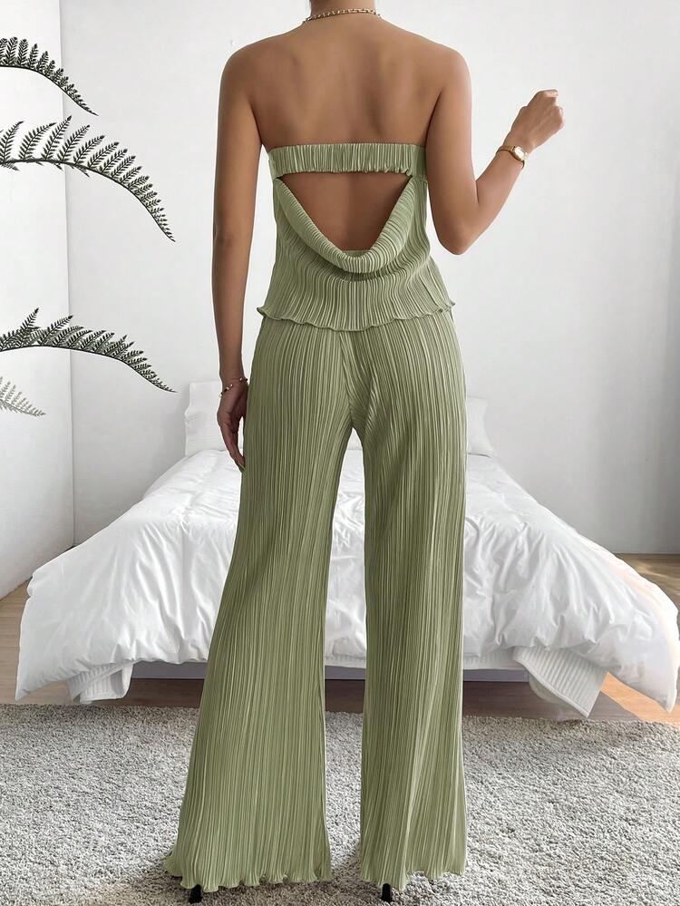 Plus Size Elegant Hollow Out Texture Exposed Back Strapless Top Wide Leg Pants