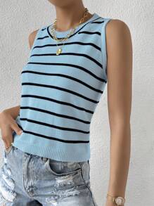 Chiquease Summer Casual Striped Color Block Sleeveless Knitted Top