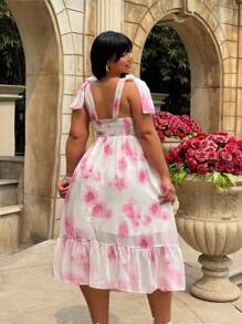 Sunnyshic Plus Size Women's Summer Vacation Shoulder Strap Floral Printed Ruffle Hem Sleeveless Elegant Dress
