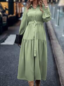 SHEIN LUNE Vestido camisa casual longo feminino de uma fileira, manga longa, cor sólida, vestido longo para primavera/verão, look feminino - Verde Menta - Visão 5