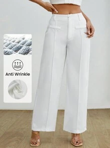 SHEIN PETITE Quần Ống Rộng Nữ Màu Trơn Cạp Cao, Chất Liệu Vải Chống Nhăn - trắng - Xem 9