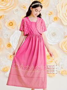 Bộ áo ngắn tay in họa tiết lá vàng thanh lịch của Tween Girl và váy suông cho mùa hè - Màu Hồng Tươi - Xem 1