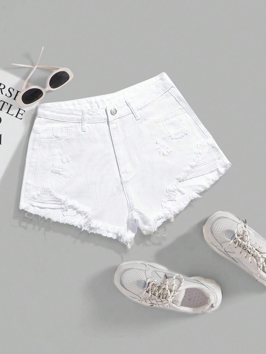 SHEIN EZwear 時尚女性復古破洞牛仔短褲 - 白色 - 查看 1