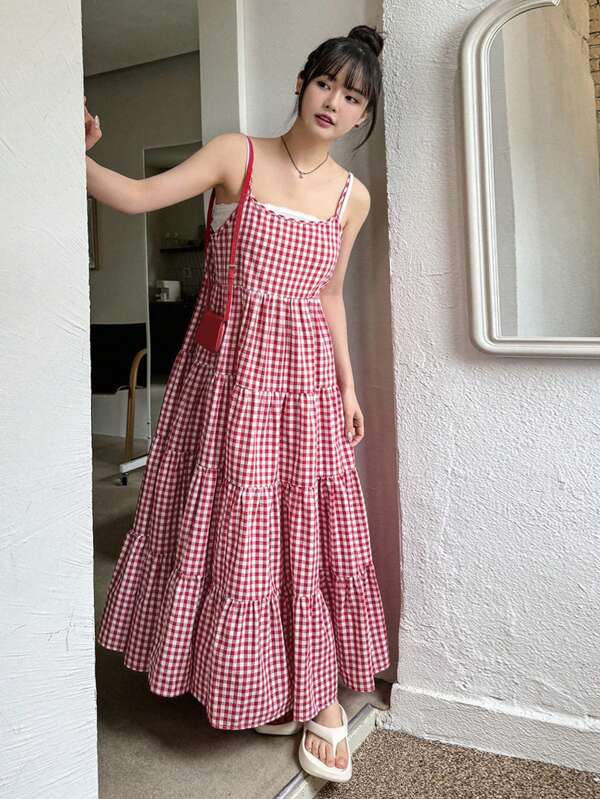 DAZY Plaid Summer Casual Dress With Contrast Shoulder Straps Sundress