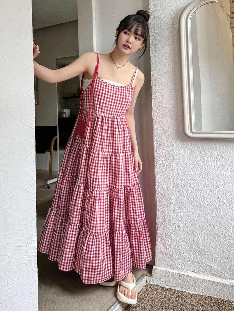 DAZY Plaid Summer Casual Dress With Contrast Shoulder Straps Sundress - Red - View 1