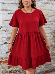 SHEIN LUNE Vestido de manga corta con cuello redondo y volante en el bajo, unicolor, talla grande, para el verano