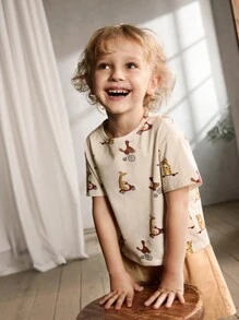 Cozy Pixies 少年卡通動物圖案柔軟針織圓領短袖T恤