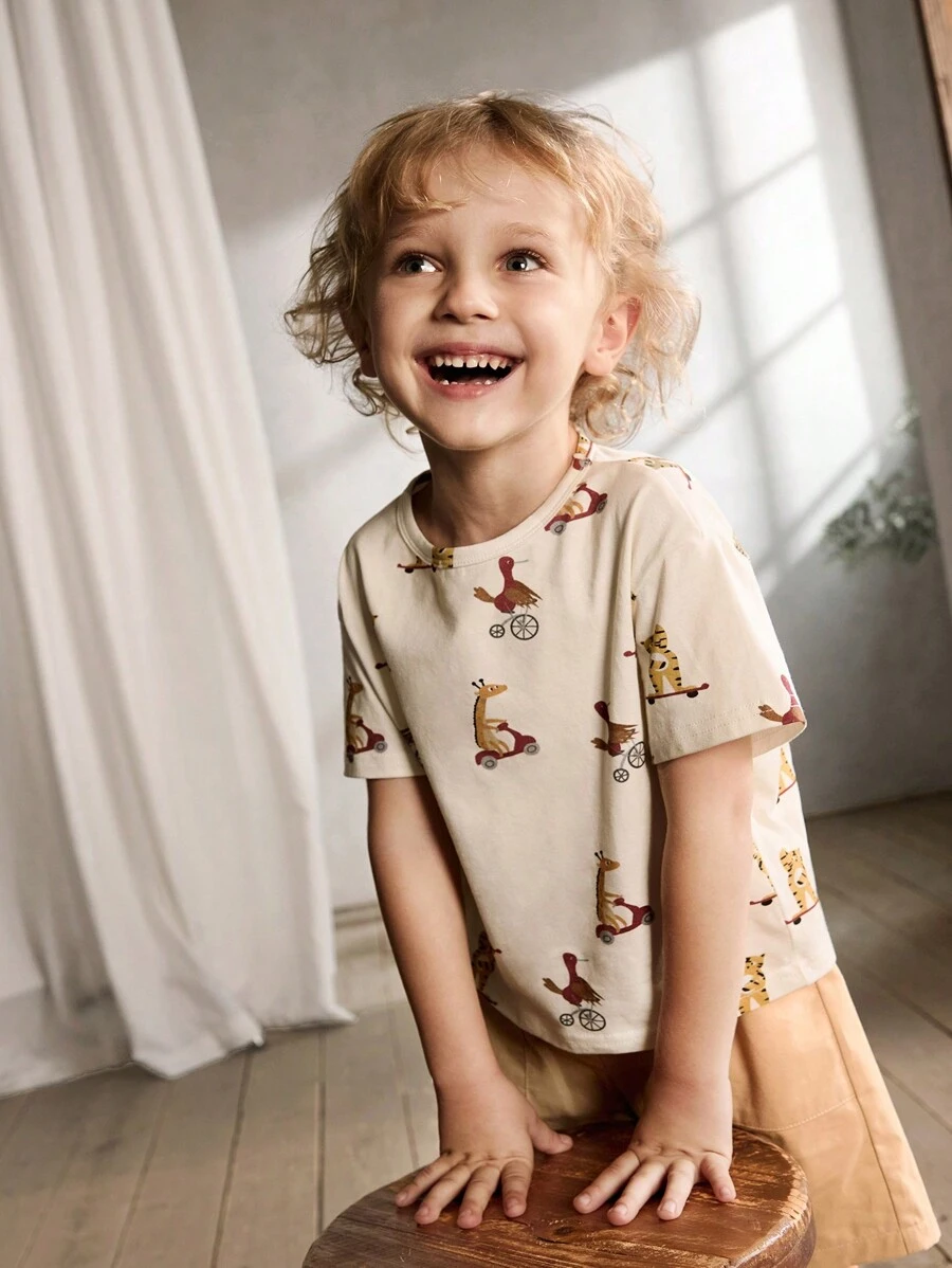 Cozy Pixies 少年卡通動物圖案柔軟針織圓領短袖T恤