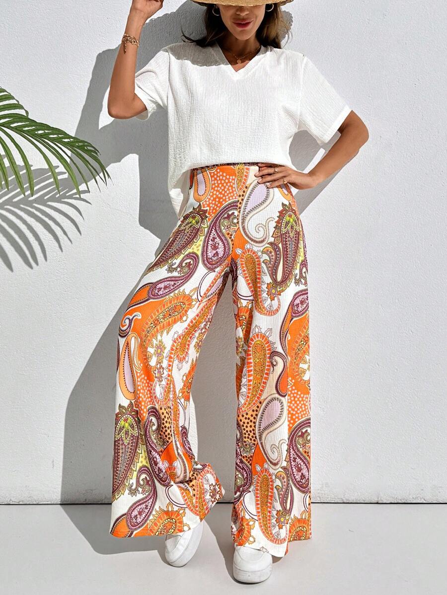 RueChic V-Neck White Tee And Pesley Printed Pants Boho Vacational 2pcs Set - Orange - View 1