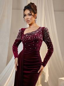 Faeriesty Vestido de sirena de terciopelo con decoración de cuentas en el escote diagonal