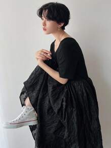 FRIFUL 女士纯色简约休闲夏季短袖连衣裙吊带长裙 - 黑色 - 查看 8