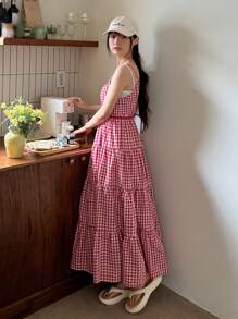 DAZY Plaid Summer Casual Dress With Contrast Shoulder Straps Sundress - Red - View 2