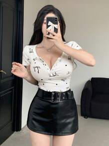 DAZY Women's Summer Slim Short Sleeve T-Shirt With Butterfly Print, Button Front, And Bow Tie,Crop Tops Women - Multicolor - View 7