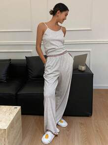 Livesso Colorblock Trim Decorated Cami Top And Long Pants Homewear Set,Back To School Clothes Pajama - Dark Grey - View 3