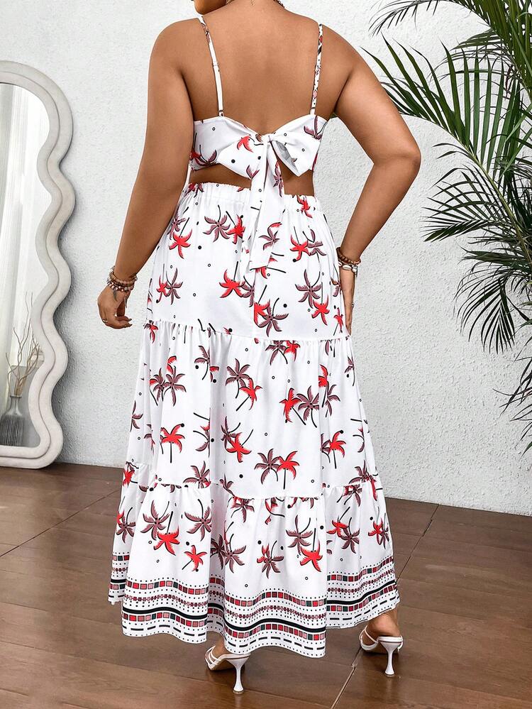Plus Size Women Summer Vacation Style Palm Tree Printed Hollow Out Waist Strap Long Dress Maxi Women Outfit