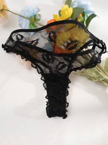 PetitDoll Breathable Lip Pattern Mesh Triangle Cup Bra And Thong Set Wireless Lingerie - Black - View 4