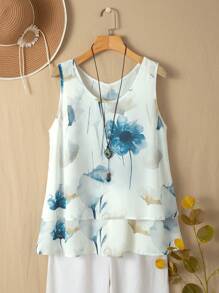 EMERY ROSE 女士时尚印花不对称下摆宽松背心图案 T 恤女式上衣