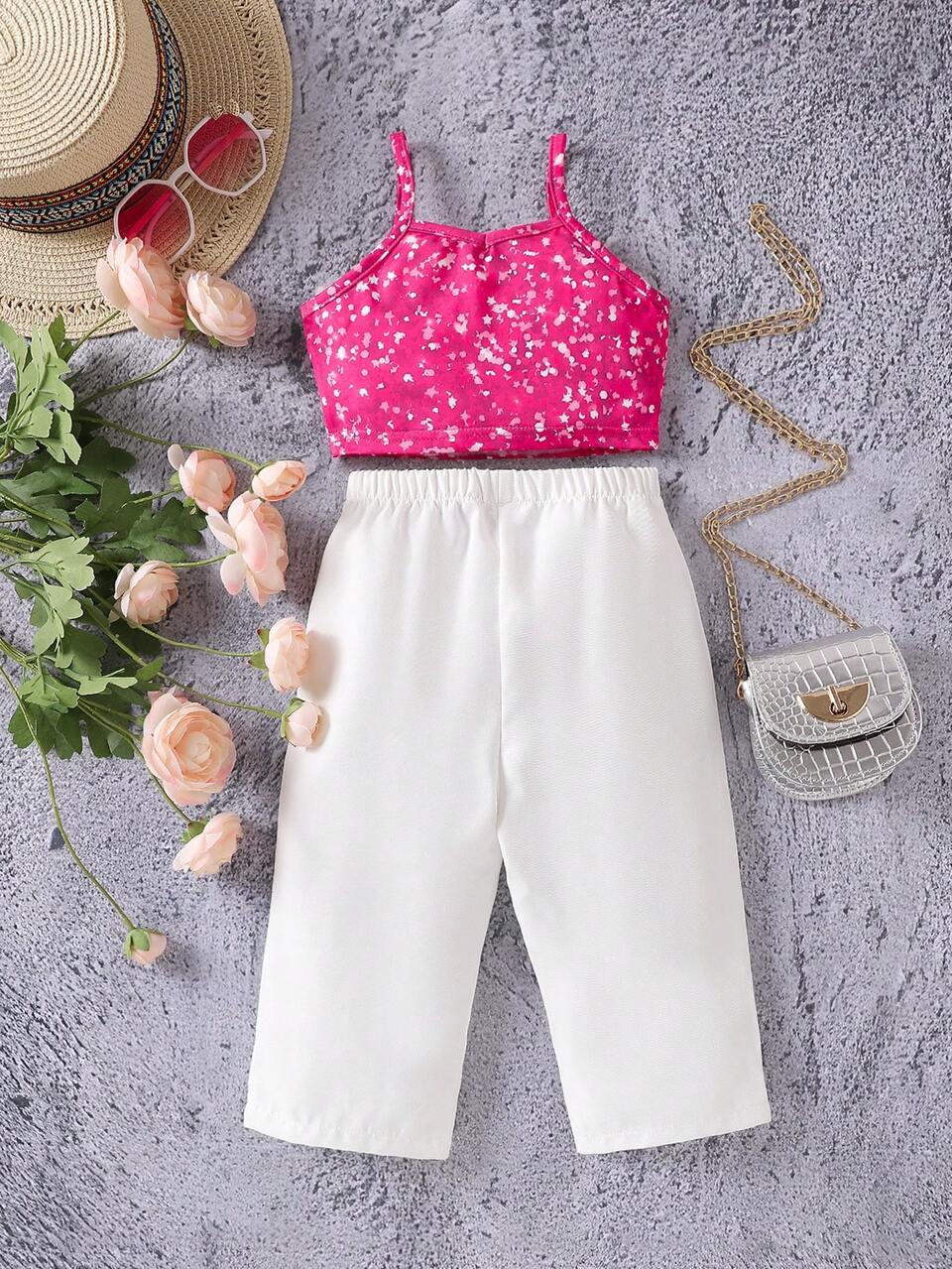 Summer Fashionable Baby Girls' Two-Piece Outfit, Cute Butterfly Printed Suspender Top And Shorts Set