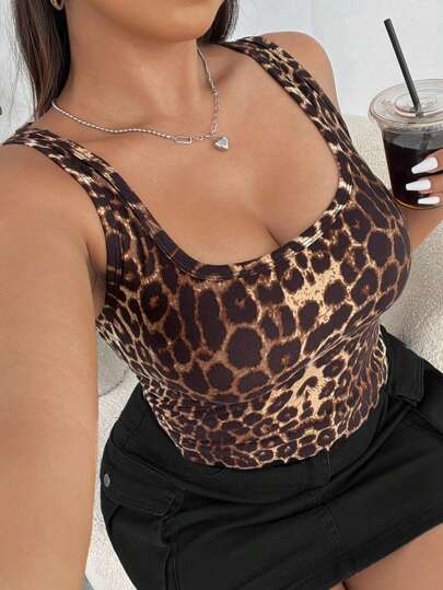 SHEIN EZwear 針織豹紋U領大尺碼上衣