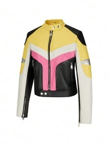 Chaqueta de poliuretano para mujer de otoño/invierno, prenda exterior con bolsillos con cremallera de motocicleta - Multicolor - Ver 3