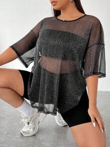 SHEIN EZwear 3入組女裝大尺碼閃亮透視柔軟舒適面料圓領休閒長T恤，純色無肩帶短上衣和騎車短褲，夏季日常休閒穿搭的完美選擇 - 黑色 - 查看 1