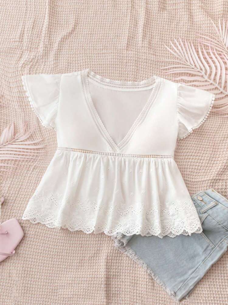 Summer Casual White Woven Hollow Out Embroidered Lace Trim Cap Sleeve Blouse