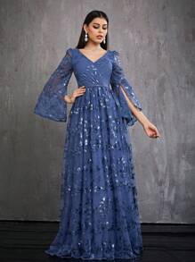 Mgiacy V 领刺绣亮片长袖高端晚礼服，带侧开衩，优雅舞会半正式婚礼宾客礼服，适合生日、毕业典礼、返校节